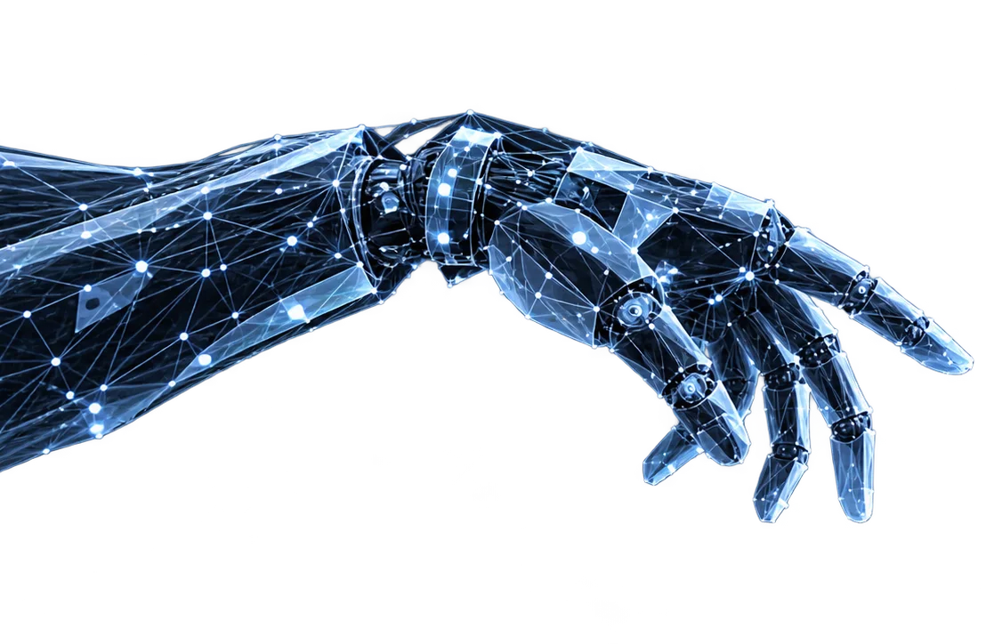 A robotic hand and a human hand reach toward each other, almost touching.